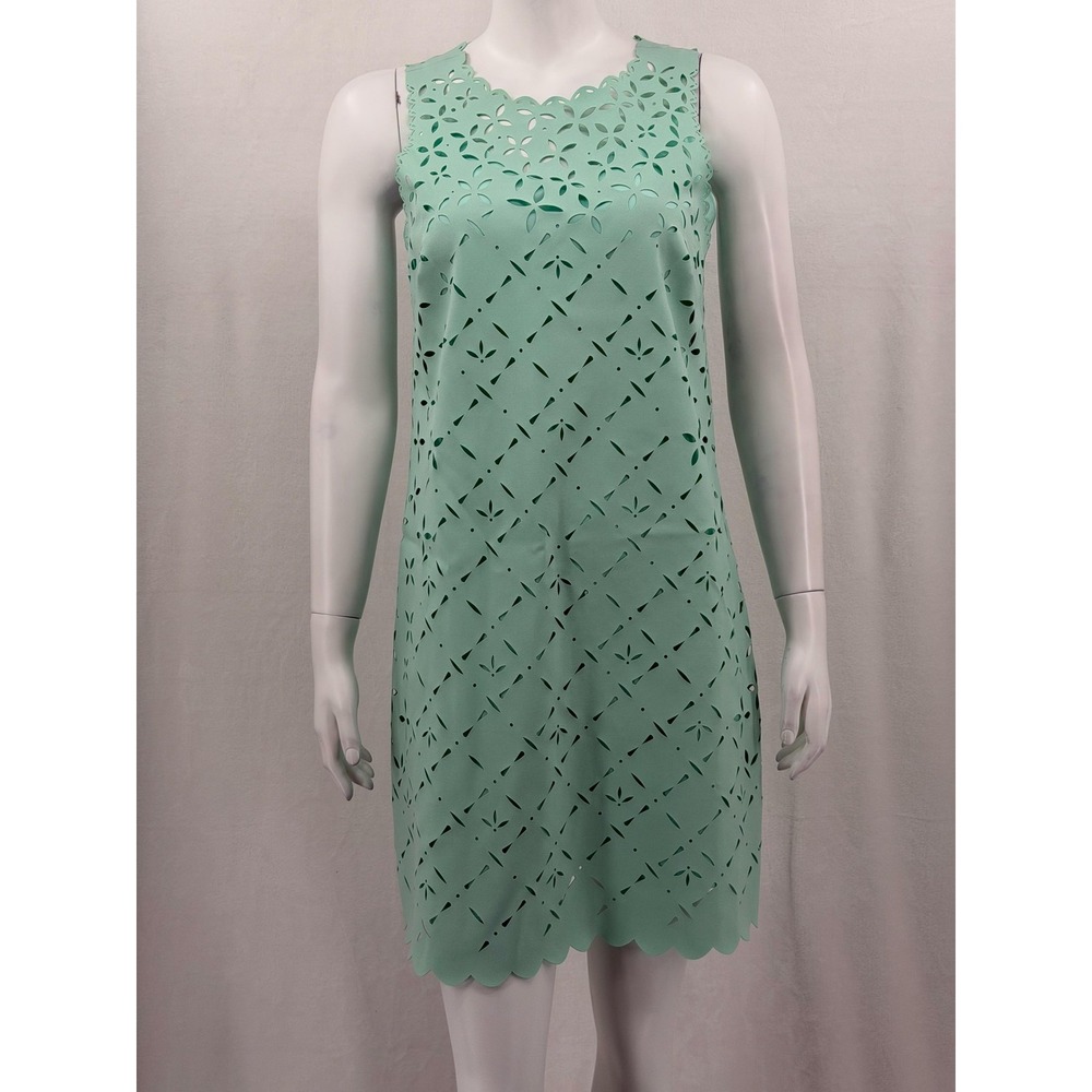 J Crew Dress Womens 6 Misty Green Laser Cut Floral Shift Scallop Feminine Summer